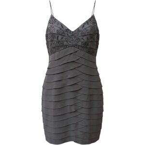 Chetta B Silk Cocktail Dress 6 Grey Beaded Tiered Ruffle Spaghetti Strap Mini